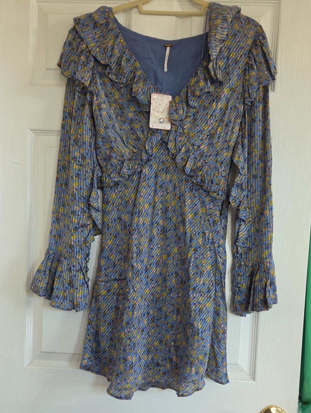 Free People Sweetest Thing Blue Floral Ruffle Long Sleeve Mini Dress
